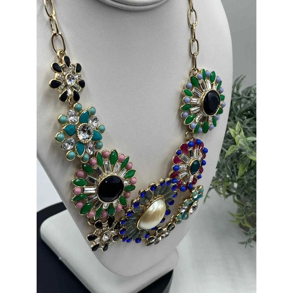 J. Crew Statement Brulee Starburst Runway Floral Gemstone Necklace Multi Color